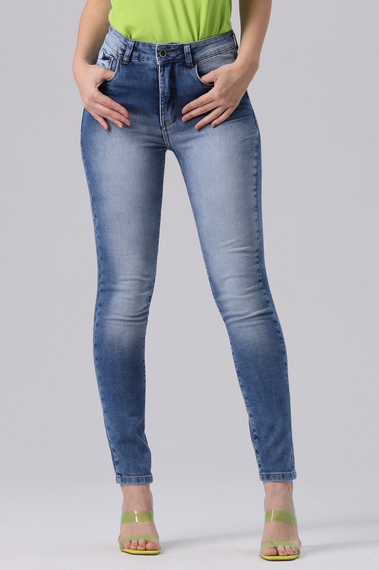 Calça Jeans Feminina Cintura Alta Skinny Cores Cinza Claro Tamanho 34