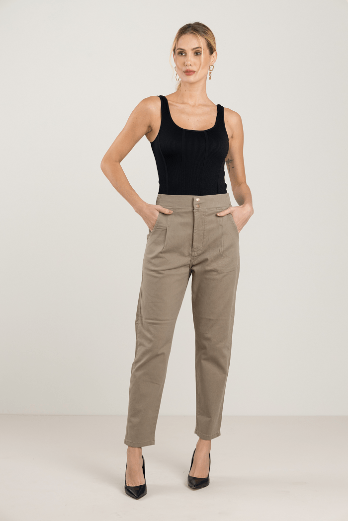 Calça Mom Caqui com Elástico F2024020