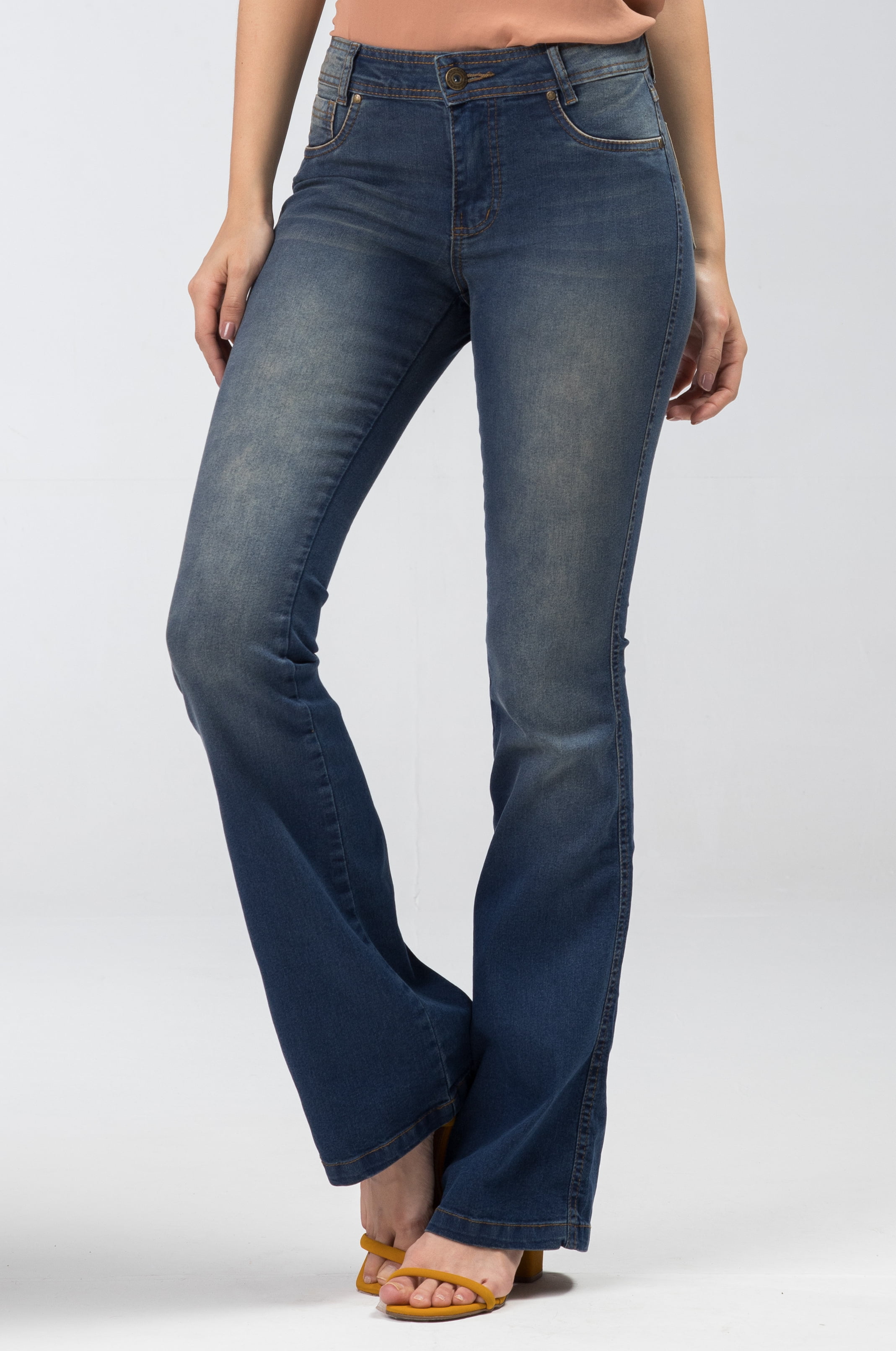 calça flare jeans cintura alta preta