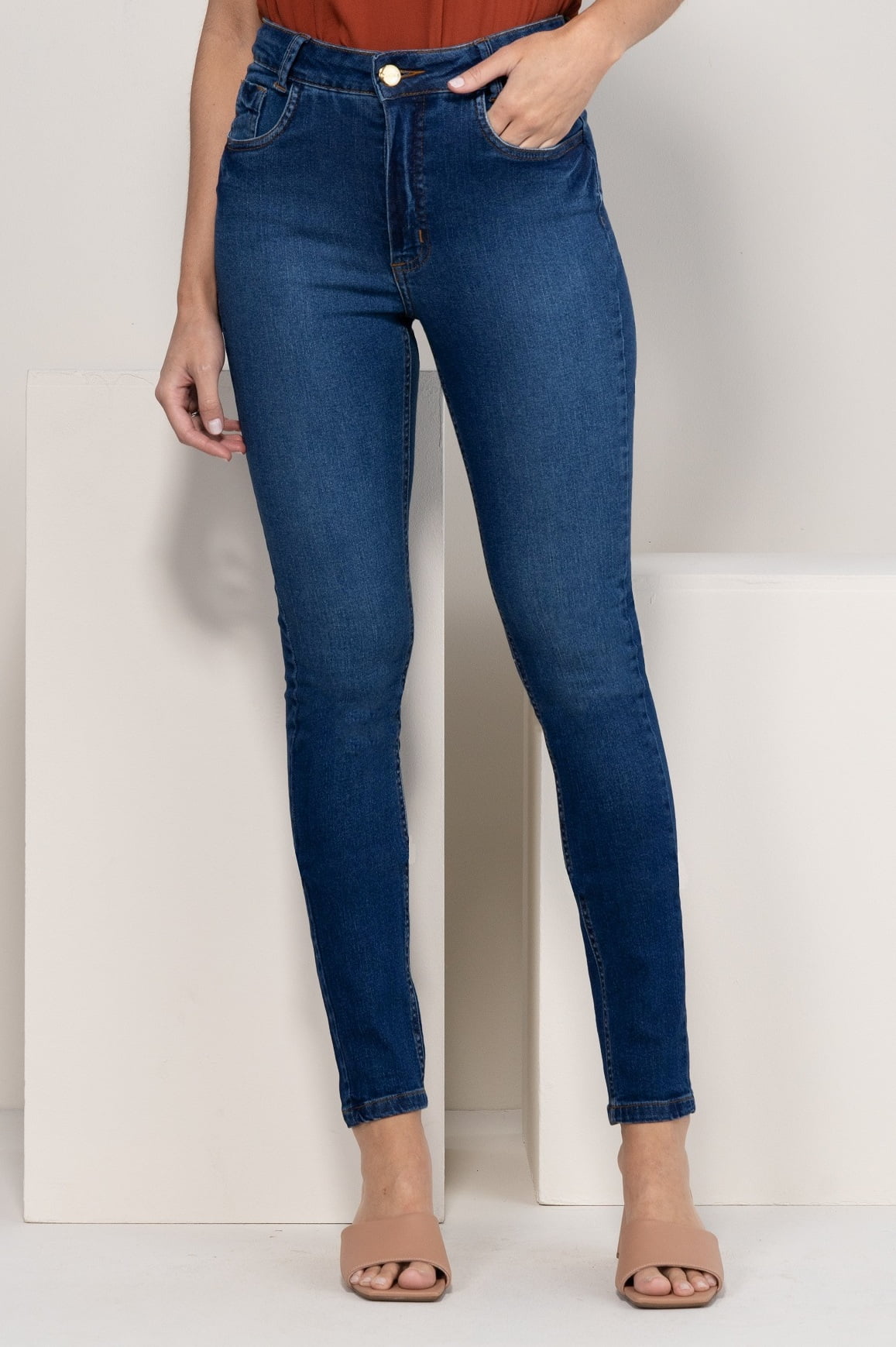 Calça Jeans Sawary Skinny Elastano Cintura Alta Feminina - Azul