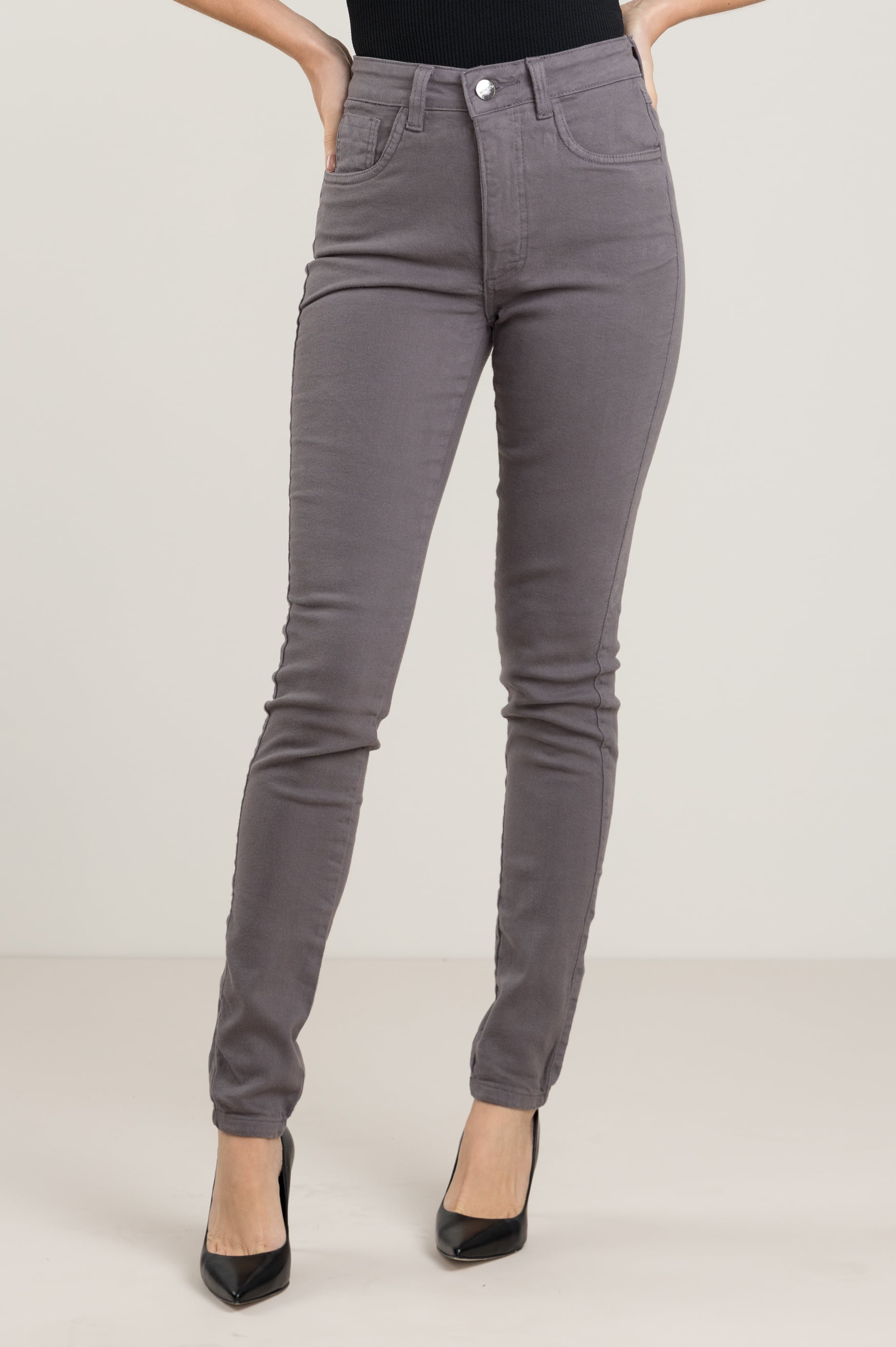 Logami calça jeans feminina cintura midi justa cinza escuro calça jeans  casual feminina