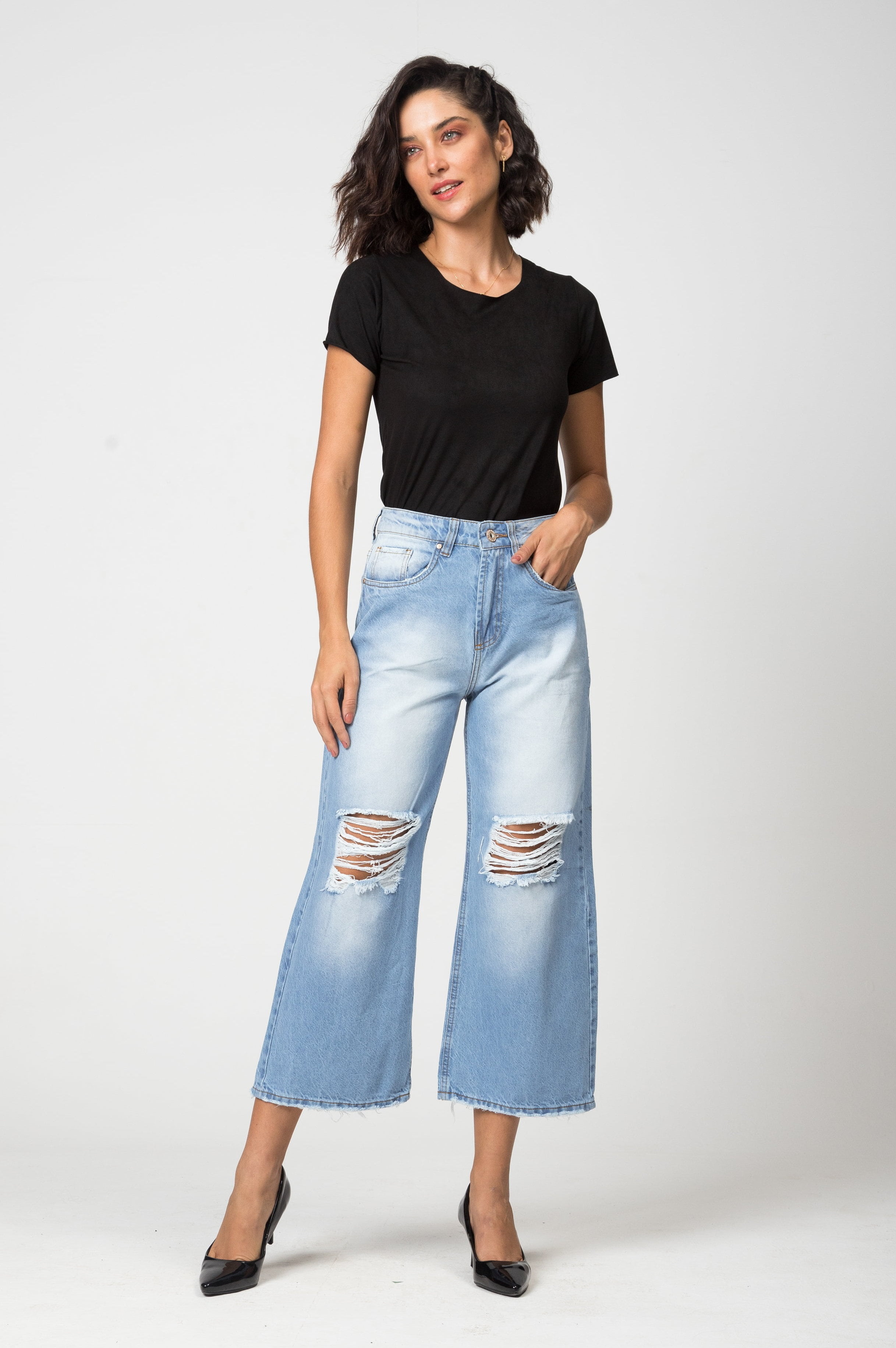 JEANS CULOTTE BÁSICO COM COSTURAS DENIM – Noon