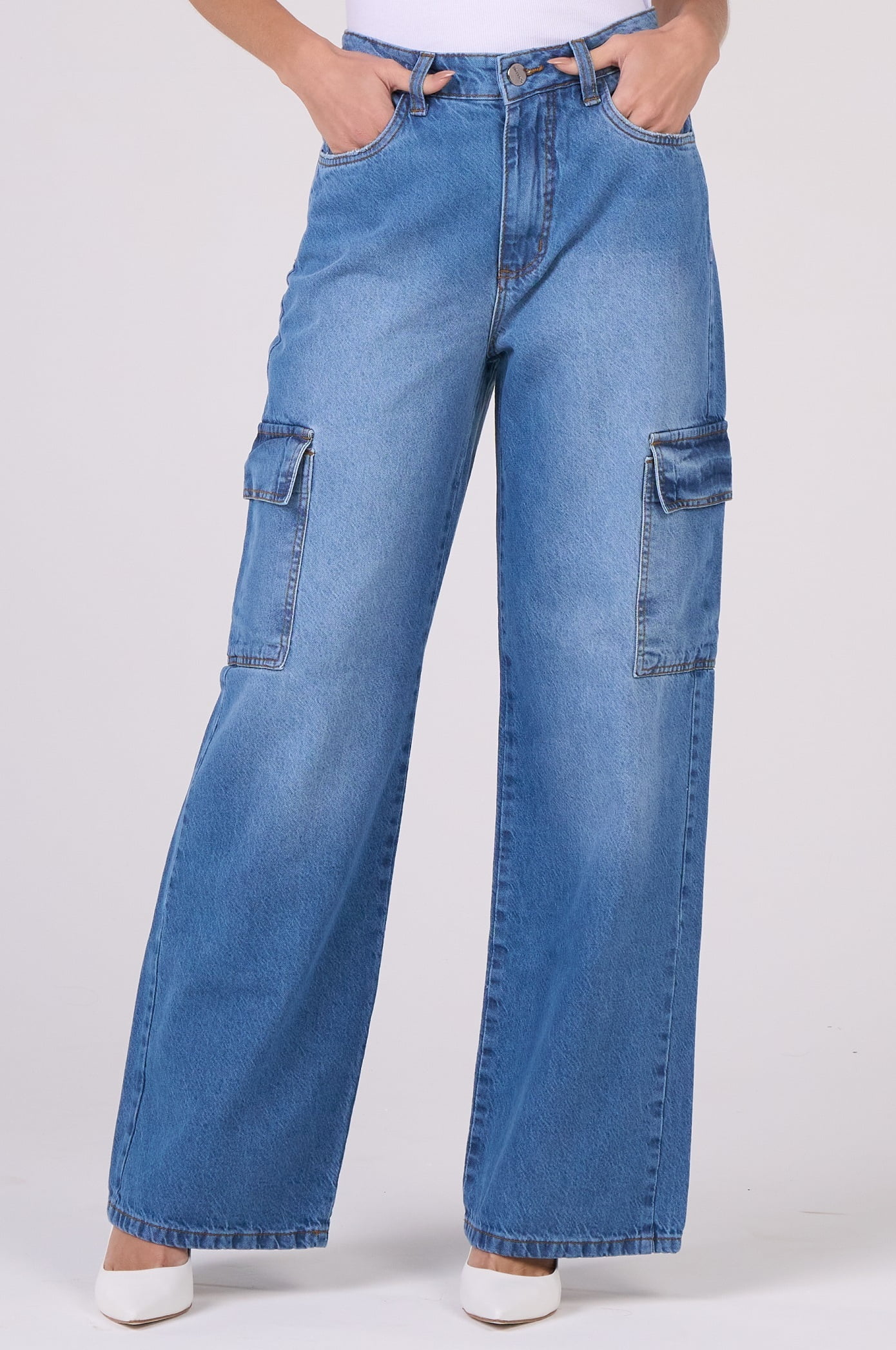 Calça Jeans Wide Leg Cargo Azul Médio F2911 - Oxiblue Jeans