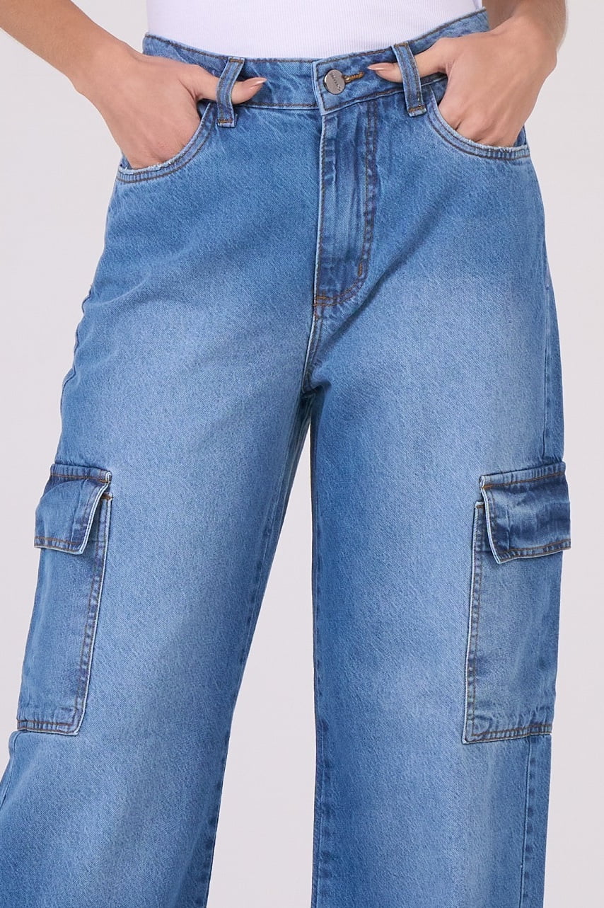 Calça Jeans Wide Leg Cargo Azul Médio F2911 - Oxiblue Jeans