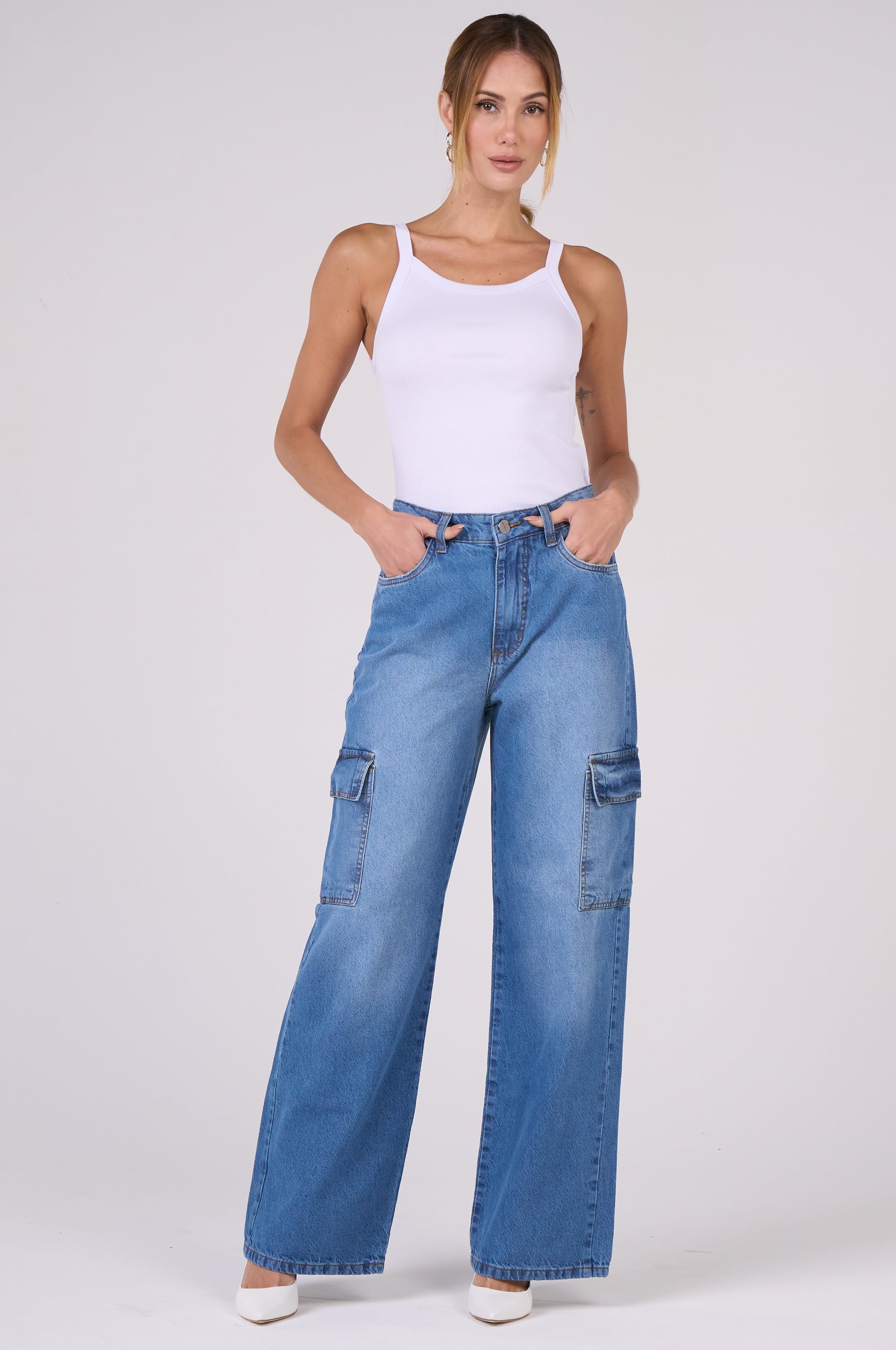 Calça Jeans Wide Leg Cargo Azul Médio F2911