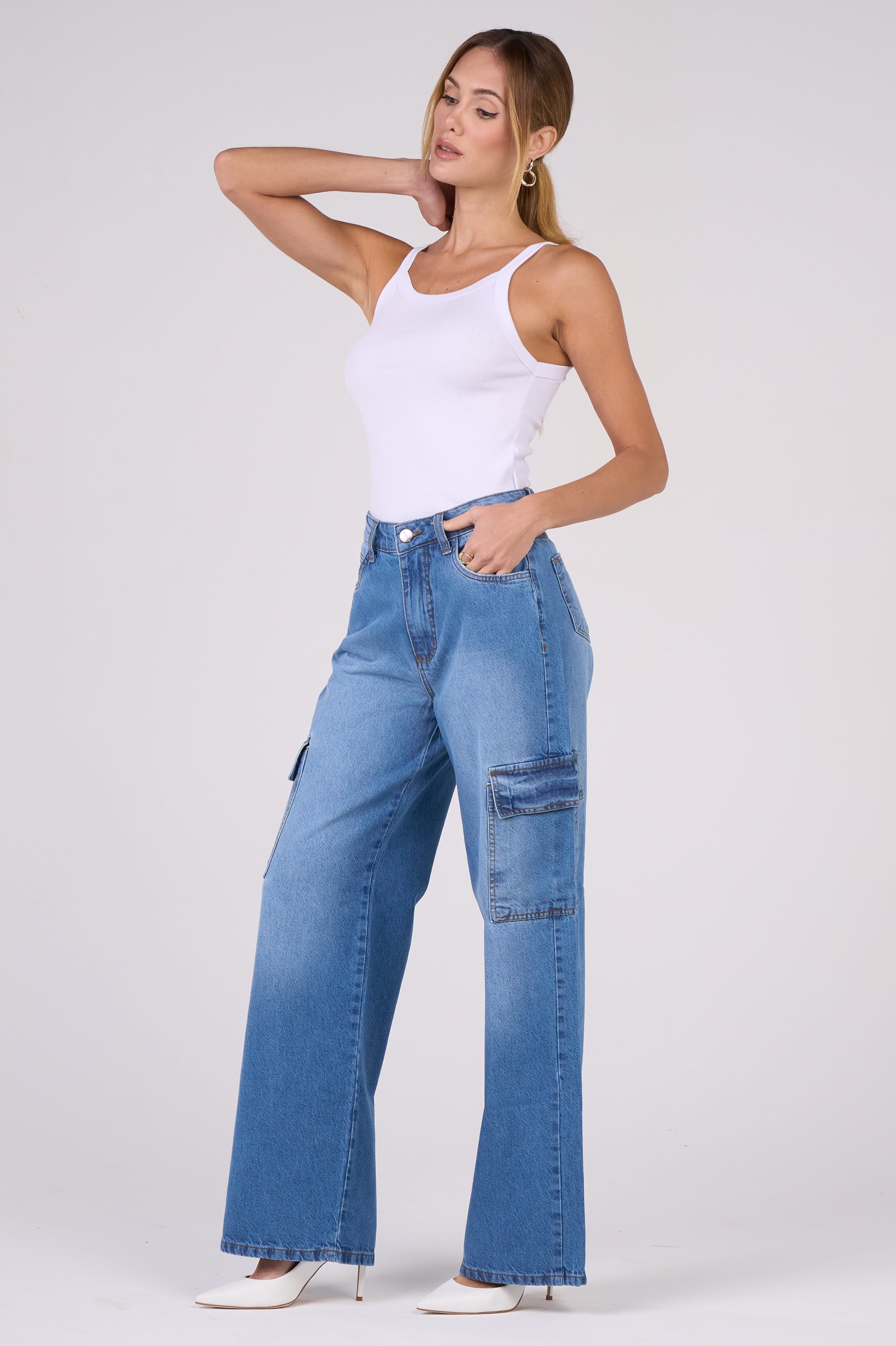 Calça Jeans Wide Leg Cargo Azul Médio F2911 - Oxiblue Jeans