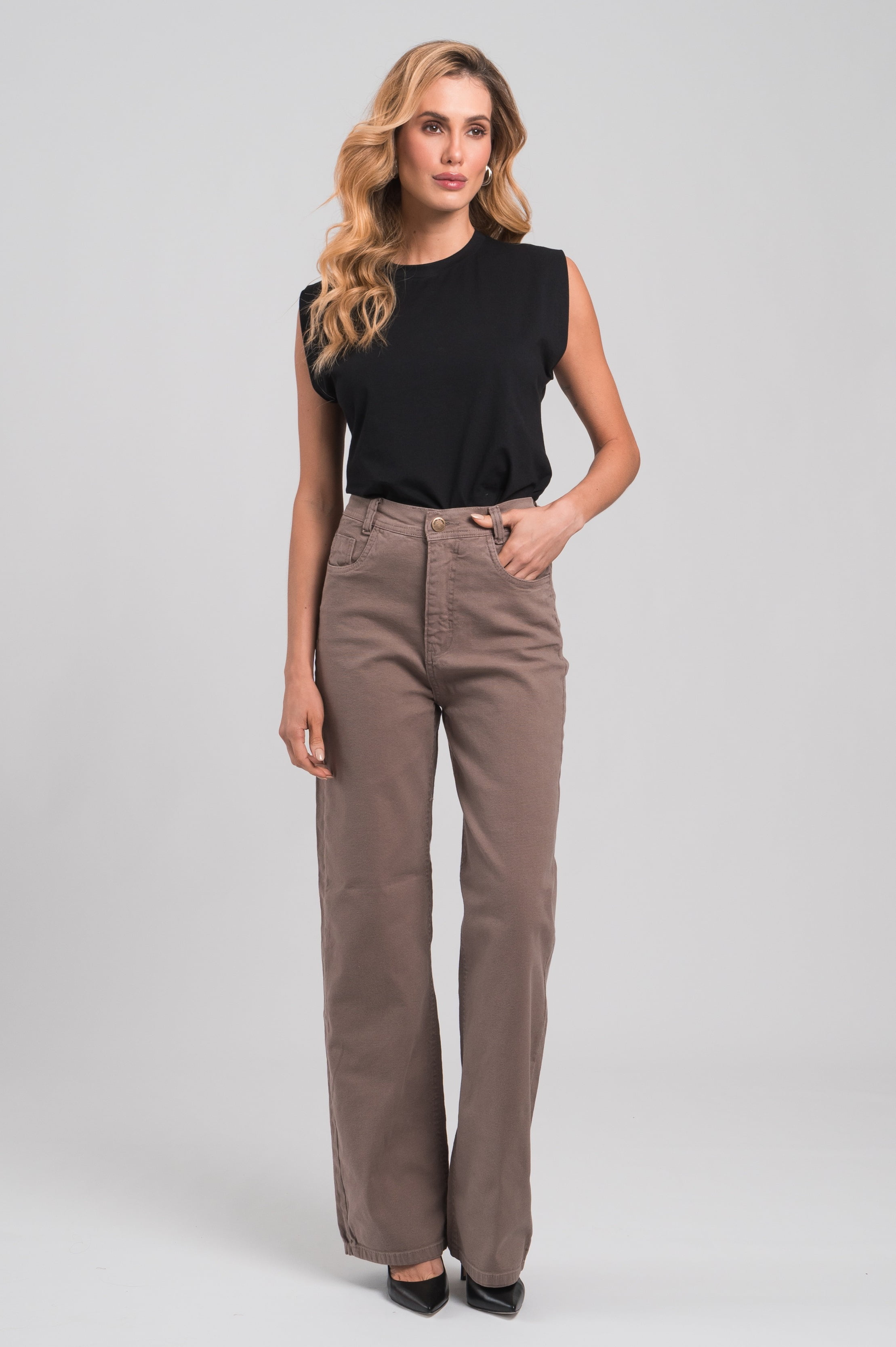 Wide Leg CalÃ§a Jeans Caqui Calça Wide Leg Feminina Jeans Bege