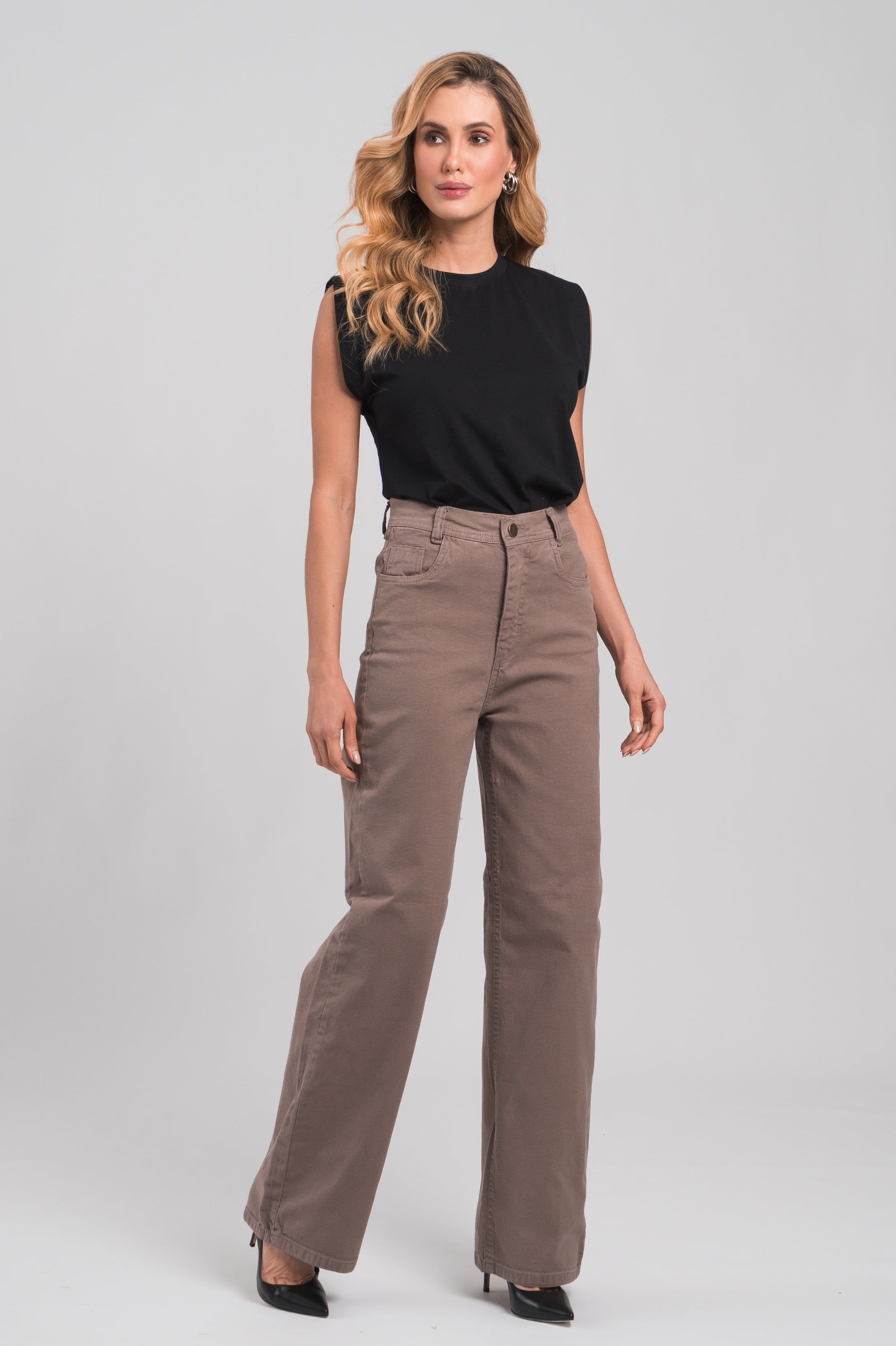 Calça Wide Leg Caqui