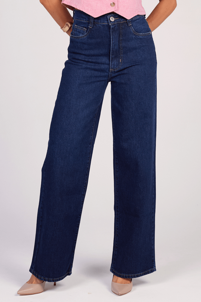 Calça Wide Leg Jeans Azul Escuro F25001