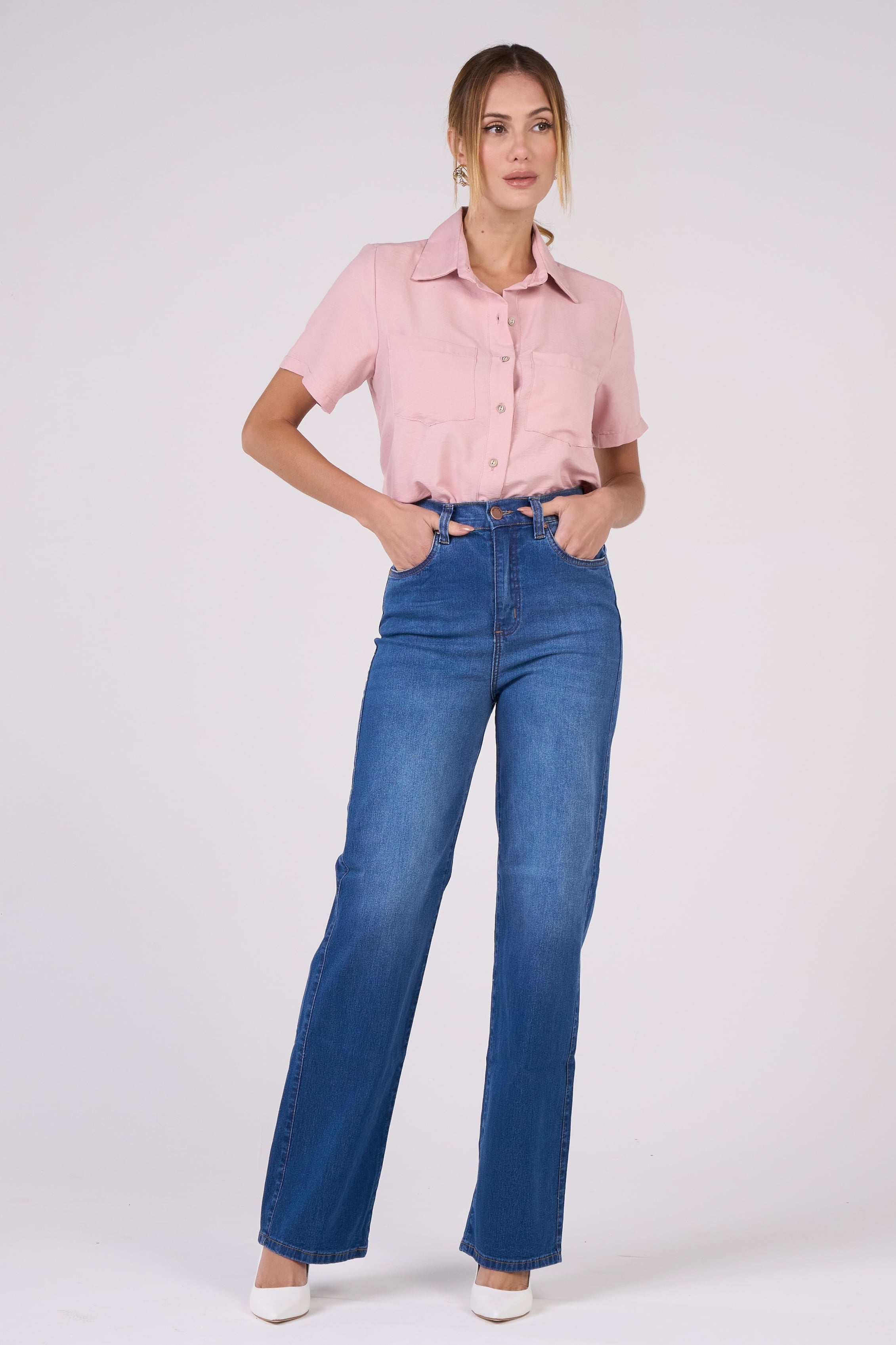 Calça Wide Leg Jeans Azul Médio F2952