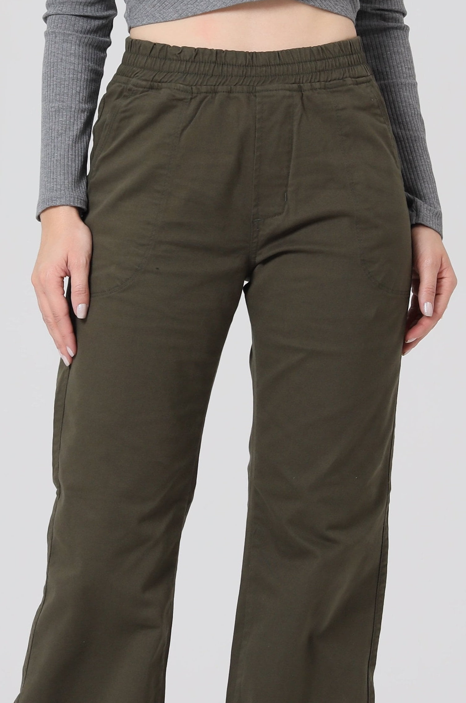 Calça Wide Leg Verde Militar com Elástico no Cós F2825MT - Oxiblue