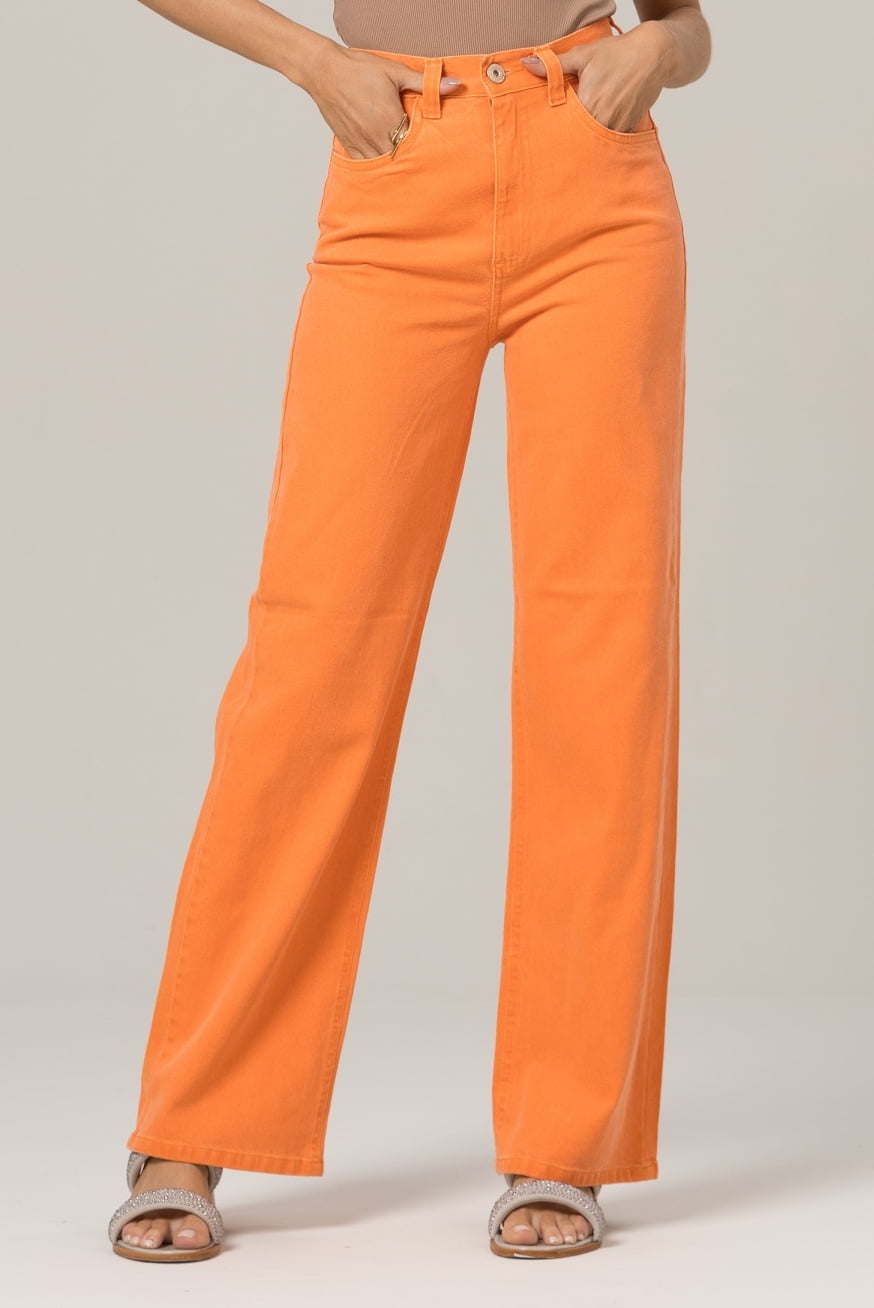 Calça Wide Leg Laranja Stonada F2022091 - Oxiblue Jeans