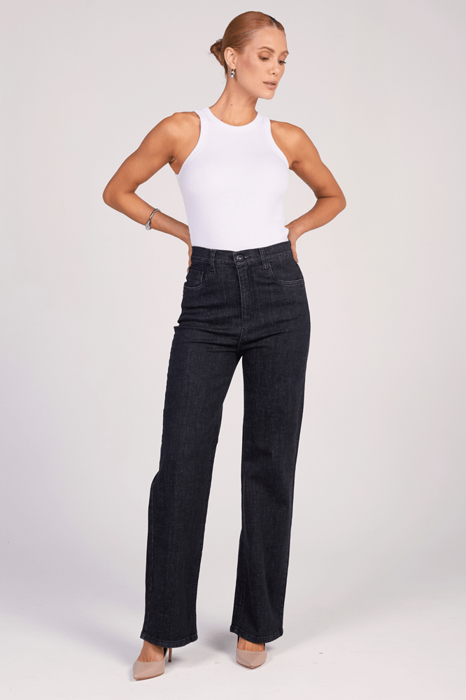 Calça Wide Leg Slim Jeans Black F25040