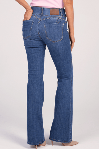 Calça Flare Jeans Cós Largo Azul Médio Levanta Bumbum Push Up F25041