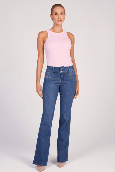 Calça Flare Jeans Cós Largo Azul Médio Levanta Bumbum Push Up F25041 Calça Flare Jeans Cós Largo Azul Médio Levanta Bumbum Push Up F25041