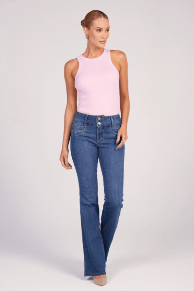 Calça Flare Jeans Cós Largo Azul Médio Levanta Bumbum Push Up F25041