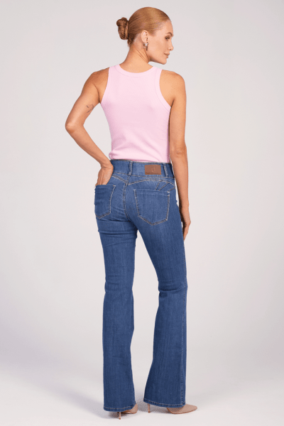 Calça Flare Jeans Cós Largo Azul Médio Levanta Bumbum Push Up F25041
