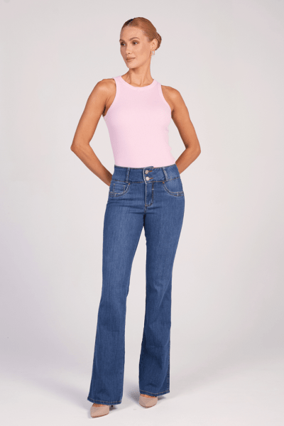 Calça Flare Jeans Cós Largo Azul Médio Levanta Bumbum Push Up F25041
