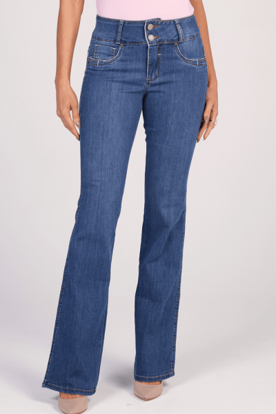 Calça Flare Jeans Cós Largo Azul Médio Levanta Bumbum Push Up F25041