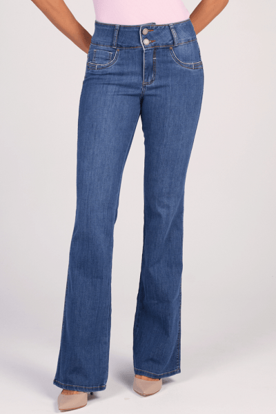 Calça Flare Jeans Cós Largo Azul Médio Levanta Bumbum Push Up F25041