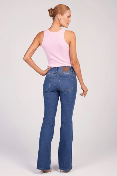 Calça Flare Jeans Cós Largo Azul Médio Levanta Bumbum Push Up F25041