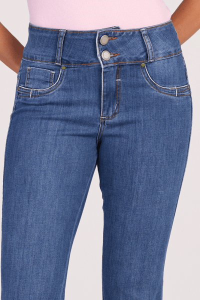 Calça Flare Jeans Cós Largo Azul Médio Levanta Bumbum Push Up F25041