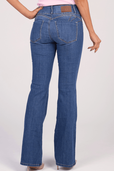 Calça Flare Jeans Cós Largo Azul Médio Levanta Bumbum Push Up F25041 Calça Flare Jeans Cós Largo Azul Médio Levanta Bumbum Push Up F25041