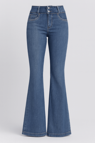 Calça Flare Jeans Cós Largo Azul Médio Levanta Bumbum Push Up F25041