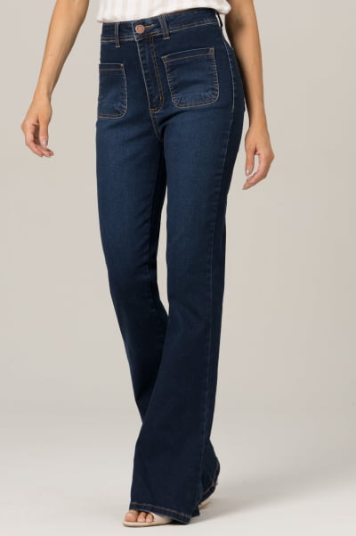 Calça Flare Jeans Feminina Azul Escuro Bolso Frontal F2023133