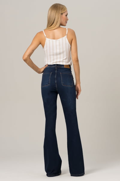 Calça Flare Jeans Feminina Azul Escuro Bolso Frontal F2023133