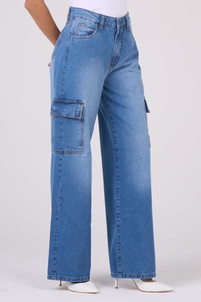 Calça Jeans Wide Leg Cargo Azul Médio F2911
