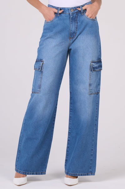 Calça Jeans Wide Leg Cargo Azul Médio F2911