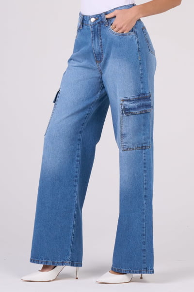 Calça Jeans Wide Leg Cargo Azul Médio F2911