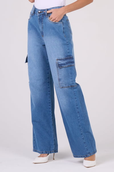 Calça Jeans Wide Leg Cargo Azul Médio F2911