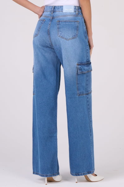 Calça Jeans Wide Leg Cargo Azul Médio F2911