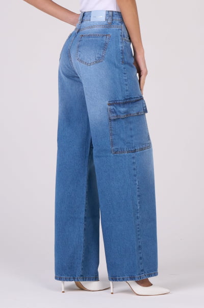 Calça Jeans Wide Leg Cargo Azul Médio F2911
