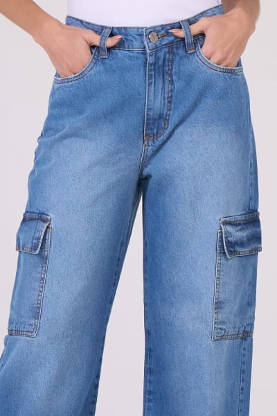 Calça Jeans Wide Leg Cargo Azul Médio F2911