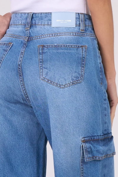 Calça Jeans Wide Leg Cargo Azul Médio F2911