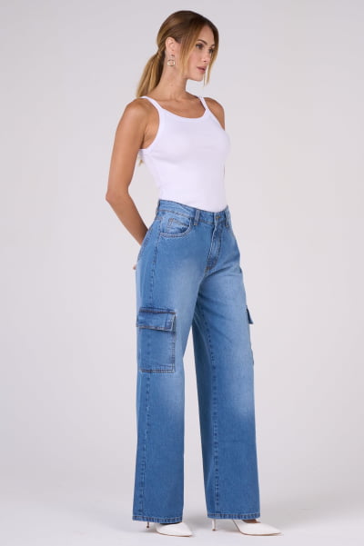 Calça Jeans Wide Leg Cargo Azul Médio F2911
