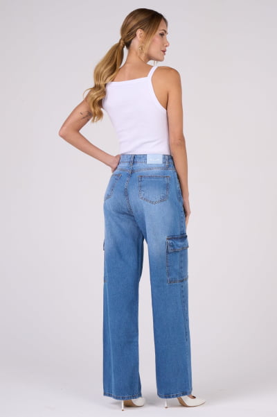 Calça Jeans Wide Leg Cargo Azul Médio F2911