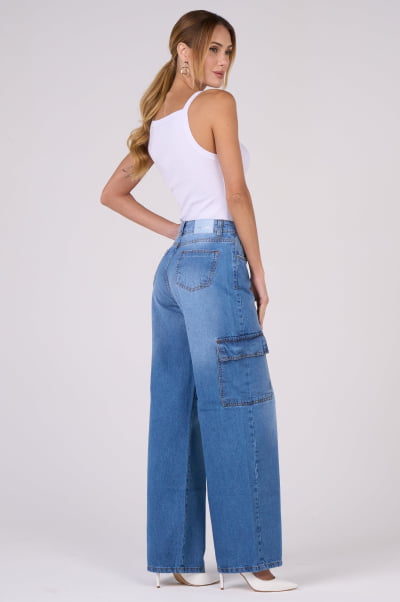 Calça Jeans Wide Leg Cargo Azul Médio F2911