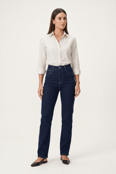 Calça Reta Feminina Jeans Azul Escuro F24037ES