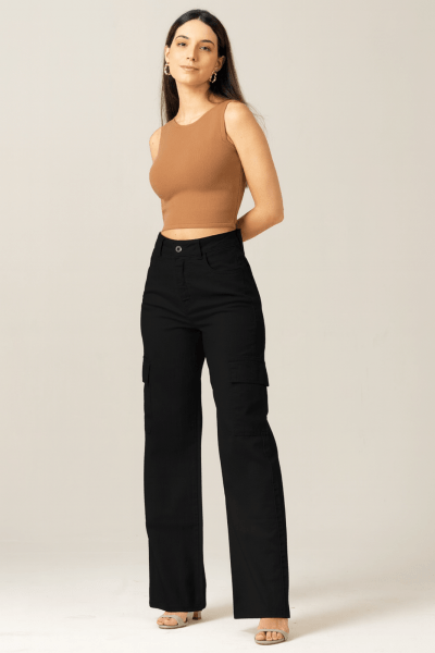Calça Wide Leg Cargo Preta F2023065PT