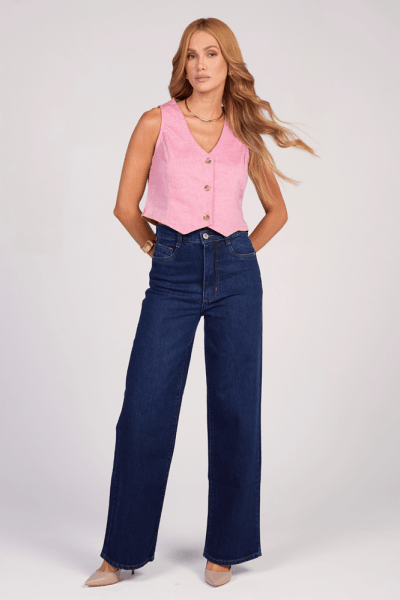Calça Wide Leg Jeans Azul Escuro F25001 Calça Wide Leg Jeans Azul Escuro F25001