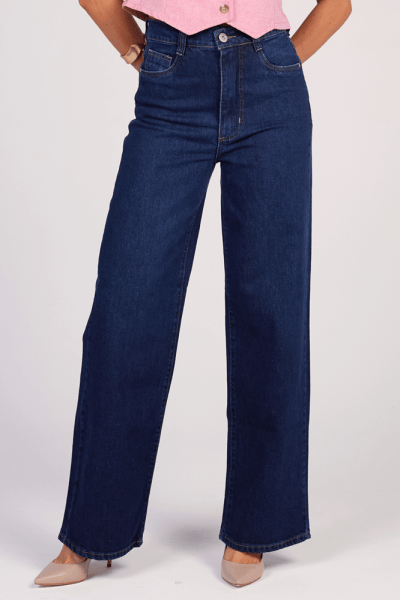 Calça Wide Leg Jeans Azul Escuro F25001 Calça Wide Leg Jeans Azul Escuro F25001