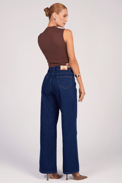 Calça Wide Leg Jeans Azul Escuro F25013 Calça Wide Leg Jeans Azul Escuro F25013