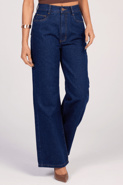 Calça Wide Leg Jeans Azul Escuro F25013 Calça Wide Leg Jeans Azul Escuro F25013