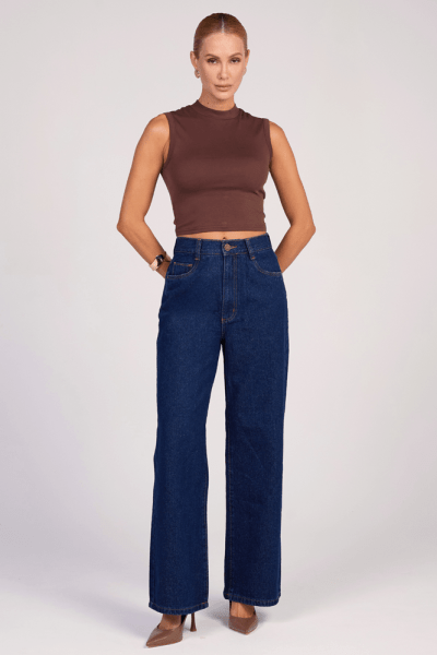 Calça Wide Leg Jeans Azul Escuro F25013