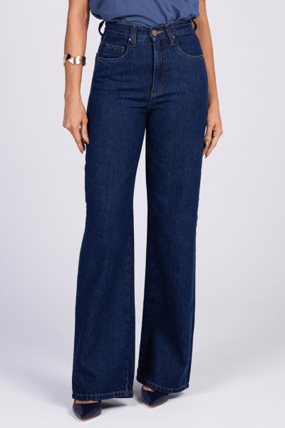 Calça Wide Leg Jeans Azul Escuro F25018 Calça Wide Leg Jeans Azul Escuro F25018