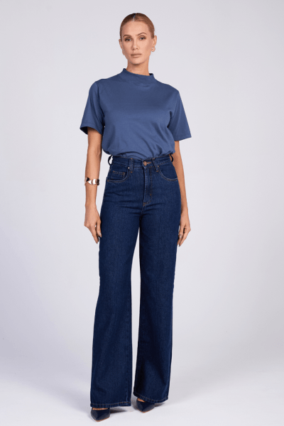Calça Wide Leg Jeans Azul Escuro F25018 Calça Wide Leg Jeans Azul Escuro F25018